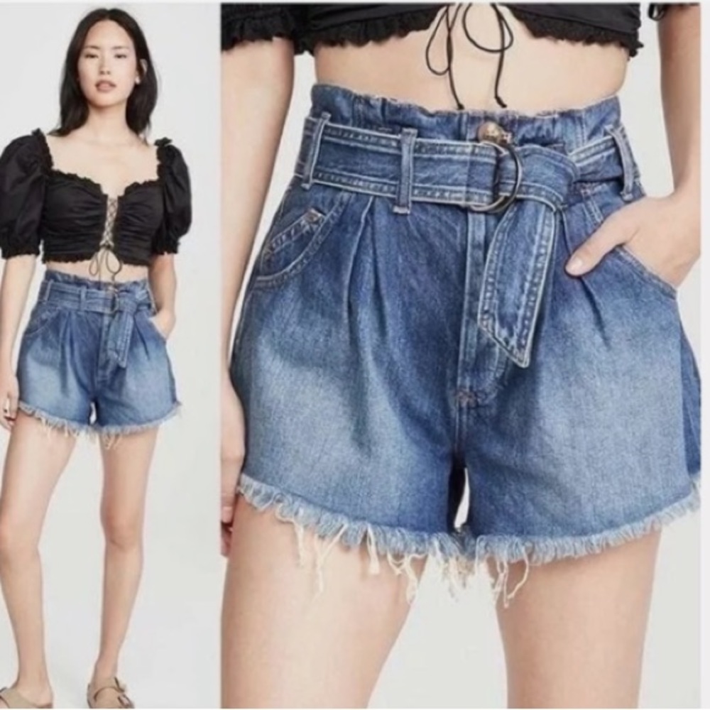 Free People We The Free Paper Bag Belted Frayed High Waist Denim Pleated Shorts